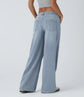 Halara Flex™ Low Rise Asymmetrical Relaxed Fit Jeans with Button, Zipper, and Multi-Pockets, Wide Leg, Washed and Stretchy Knit