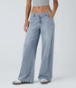 Halara Flex™ Low Rise Asymmetrical Relaxed Fit Jeans with Button, Zipper, and Multi-Pockets, Wide Leg, Washed and Stretchy Knit