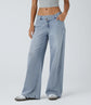 Halara Flex™ Low Rise Asymmetrical Relaxed Fit Jeans with Button, Zipper, and Multi-Pockets, Wide Leg, Washed and Stretchy Knit